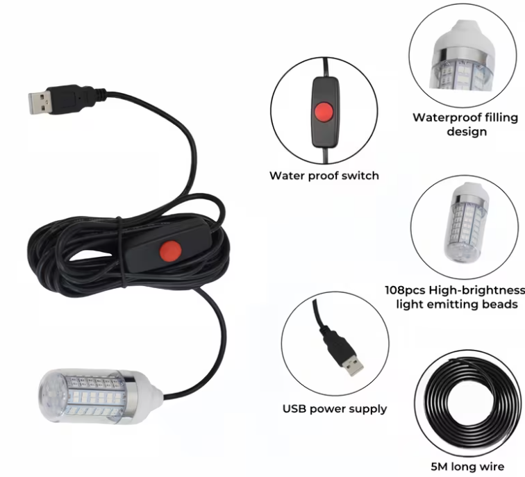 Luce Subacquea LED VERDE OTTIMA PER TOTANI E CALAMARI USB 5M