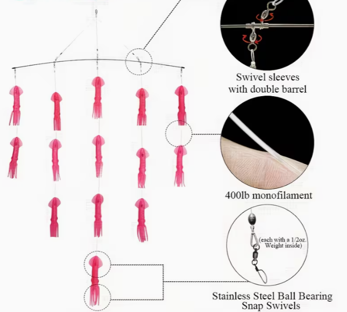 Teaser Richiamo per Traina d'Altura - 14 Artificiali con Barra e Girelle in Acciaio Inox
